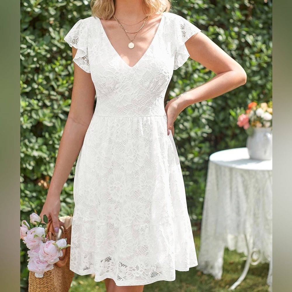 MEROKEETY V Neck Flutter Sleeve Dress‎ Floral Lace Tie Back A Line Dress, size L